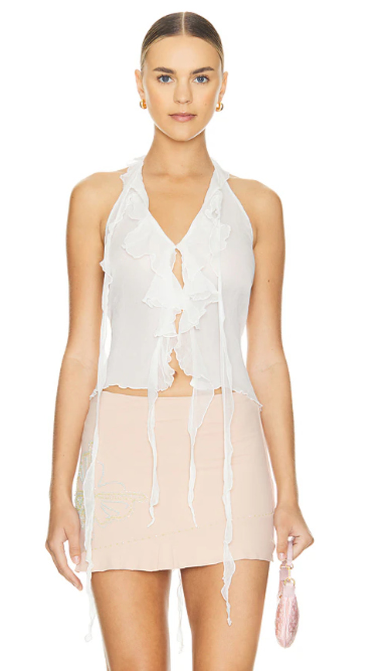 Indah Halle Top Ivory Silk Halter Sheer Ruffle Size S Boho Beach Festival Y2K